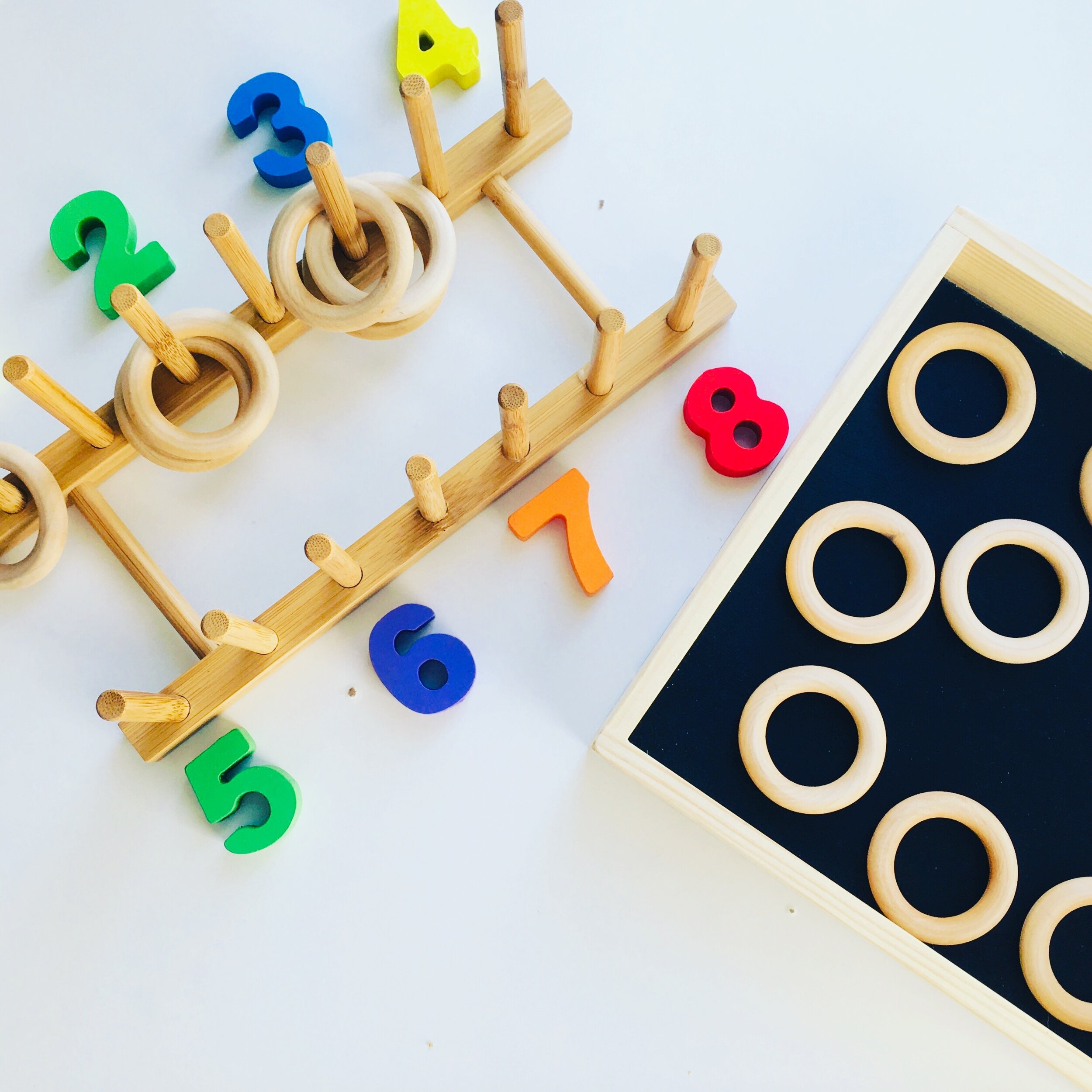 Wooden rings are also fun loose parts. We paired it with this plate holder from IKEA (OSTBIT).